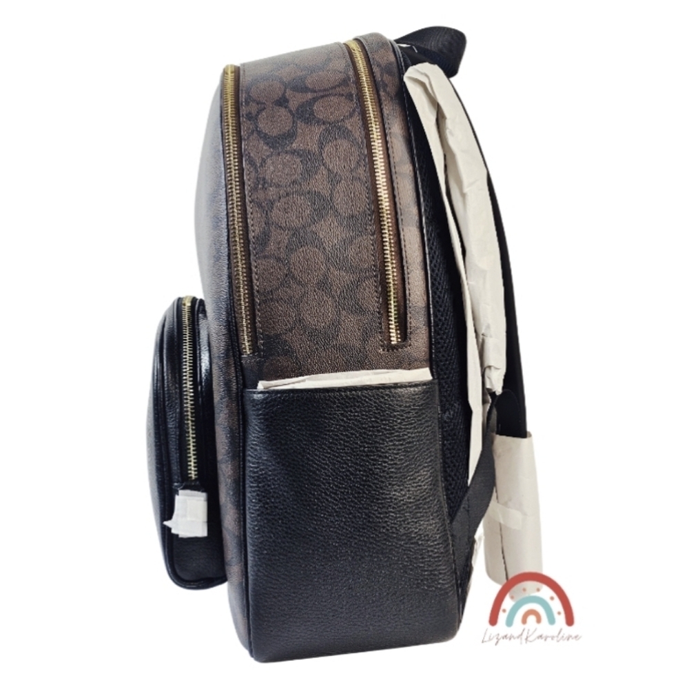 New! Coach Large Court Backpack in Signature Canvas Leather Gold Brown Black - Picture 8 of 16